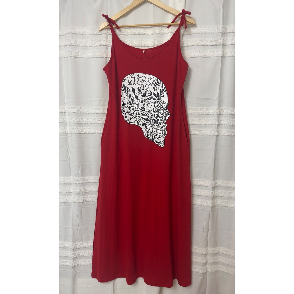 Red Sugar Skull Graphic Maxi Dress Sleeveless Tie Strap Pockets Gothic‎ Boho L